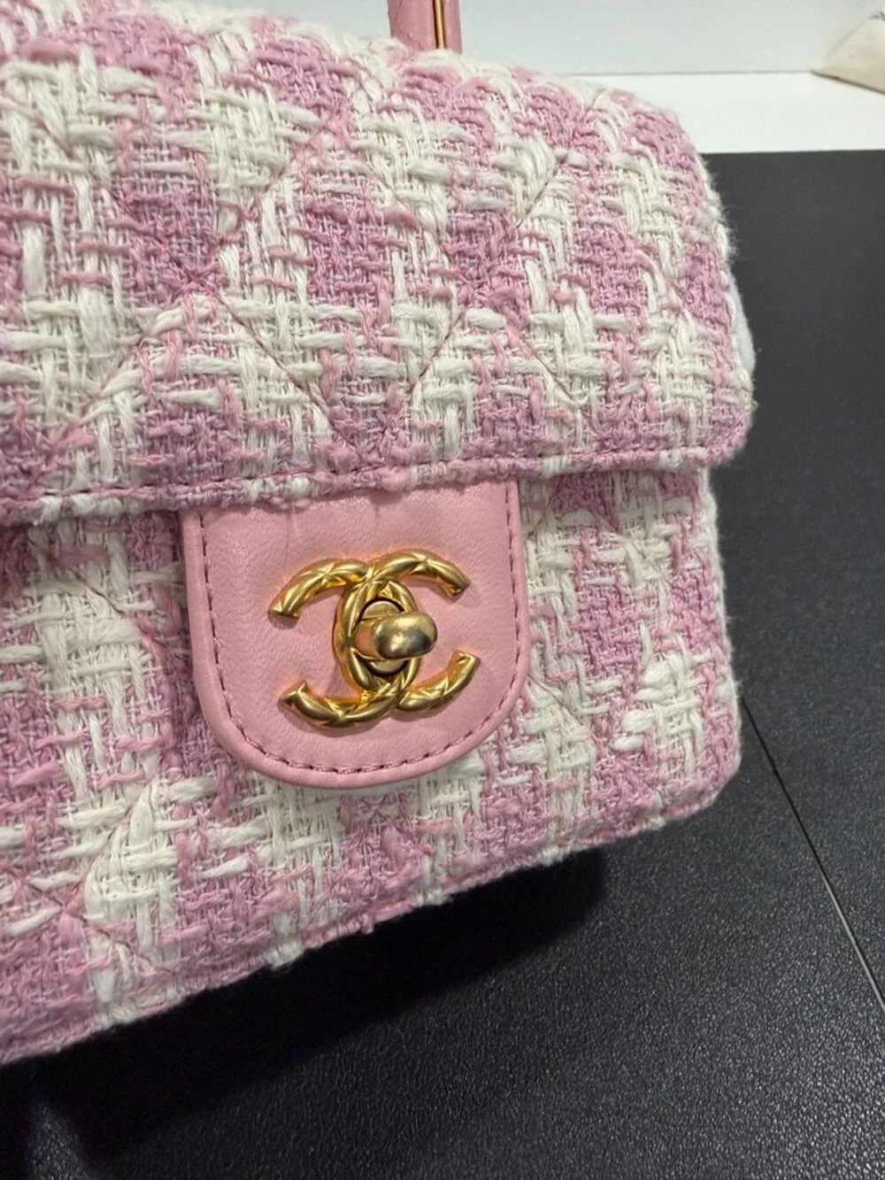 Chanel Tweed Handle Crush Top Handle Flap Bag Pink Ecru (JB1472) - Picture 3 of 16